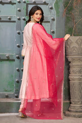 Pink Peach Art Silk Angrakha Neck Kurta Set with Trousers and Dupatta
